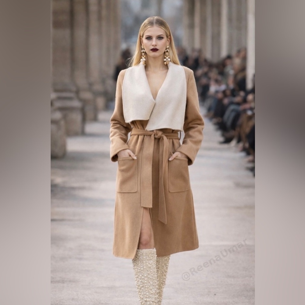 NWT BCBGMAXAZRIA Heather Camel & Cream Belted Wrap Coat